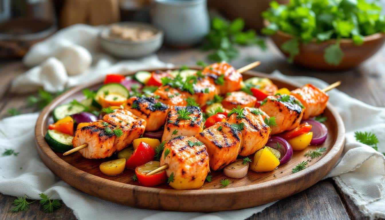 découvrez notre recette savoureuse de kebabs au saumon mariné et herbes fraîches : une alliance délicate de poisson tendre, d’aromates et de fraîcheur, idéale pour un repas sain et gourmand.