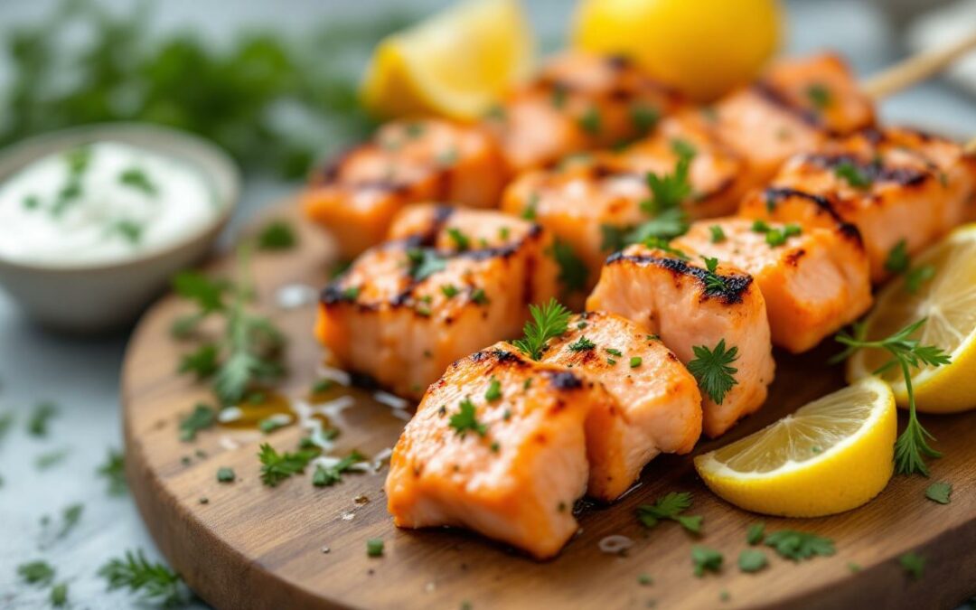Les kebabs au saumon mariné et herbes fraîches