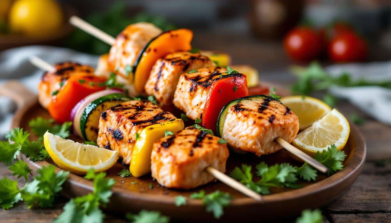 découvrez notre recette gourmande de kebabs au saumon rôti et légumes croquants : une alliance savoureuse et saine pour régaler vos papilles, idéale pour un repas équilibré et plein de fraîcheur.