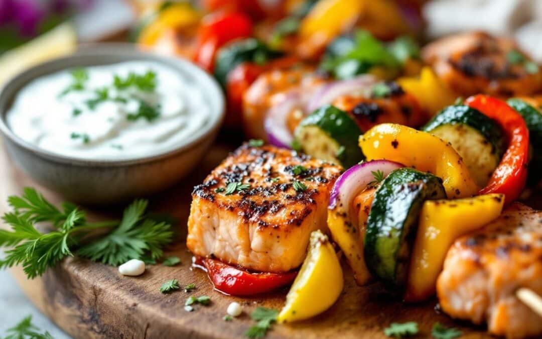 Les kebabs au saumon rôti et légumes croquants
