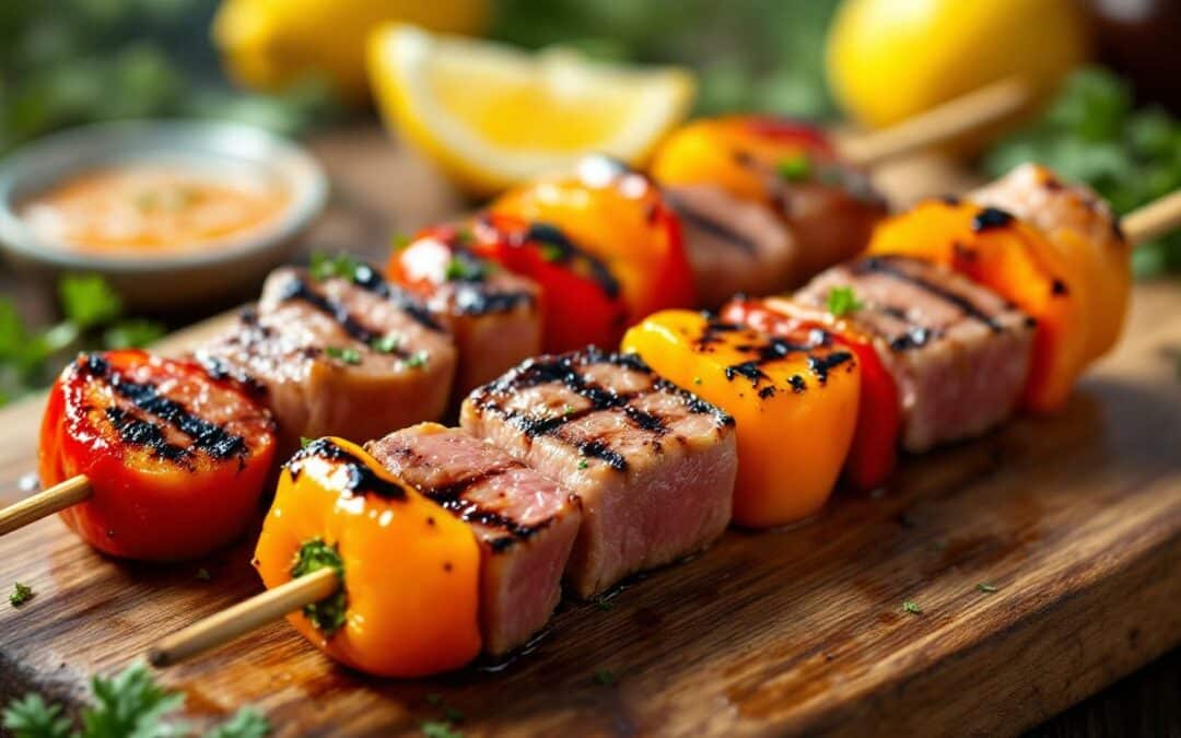 Les kebabs au steak de thon et poivrons doux