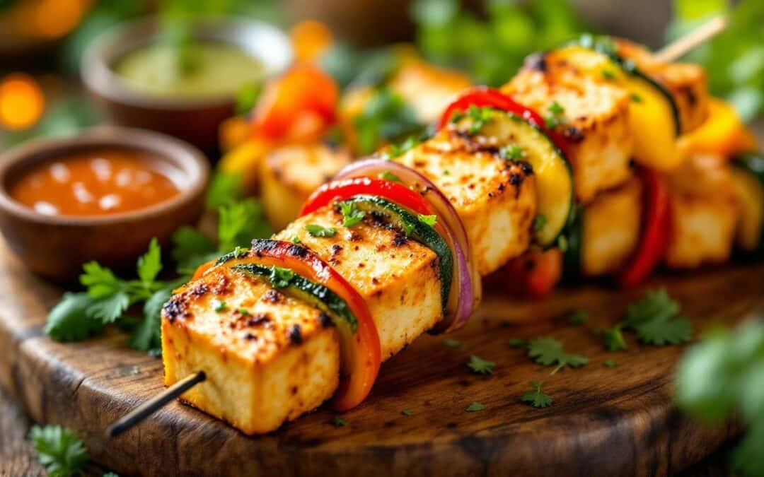 Les kebabs au tofu épicé et légumes sautés