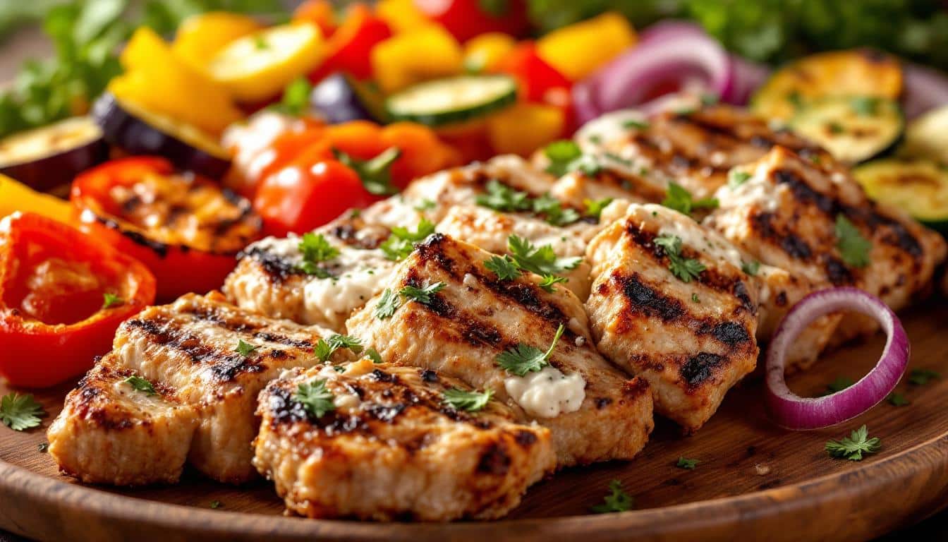 découvrez une recette savoureuse de kebabs au yaourt grec accompagnés de légumes grillés, idéale pour un repas équilibré, frais et plein de saveurs méditerranéennes.