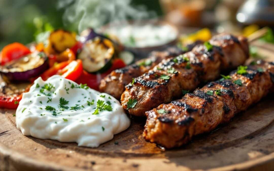 Les kebabs au yaourt grec et légumes grillés