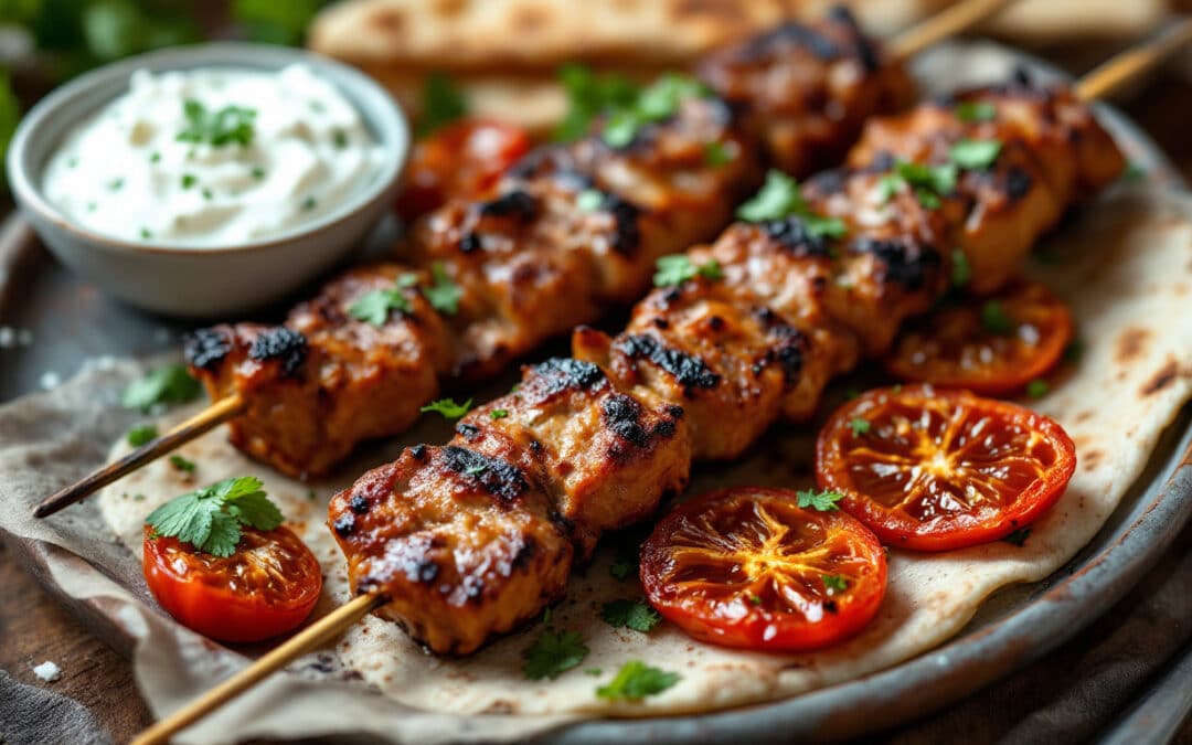 Les kebabs au yaourt grec et tomates confites
