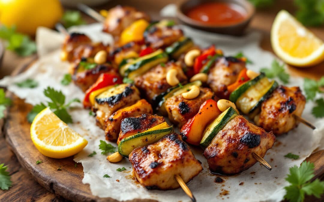 Les kebabs aux noix de cajou et légumes sautés