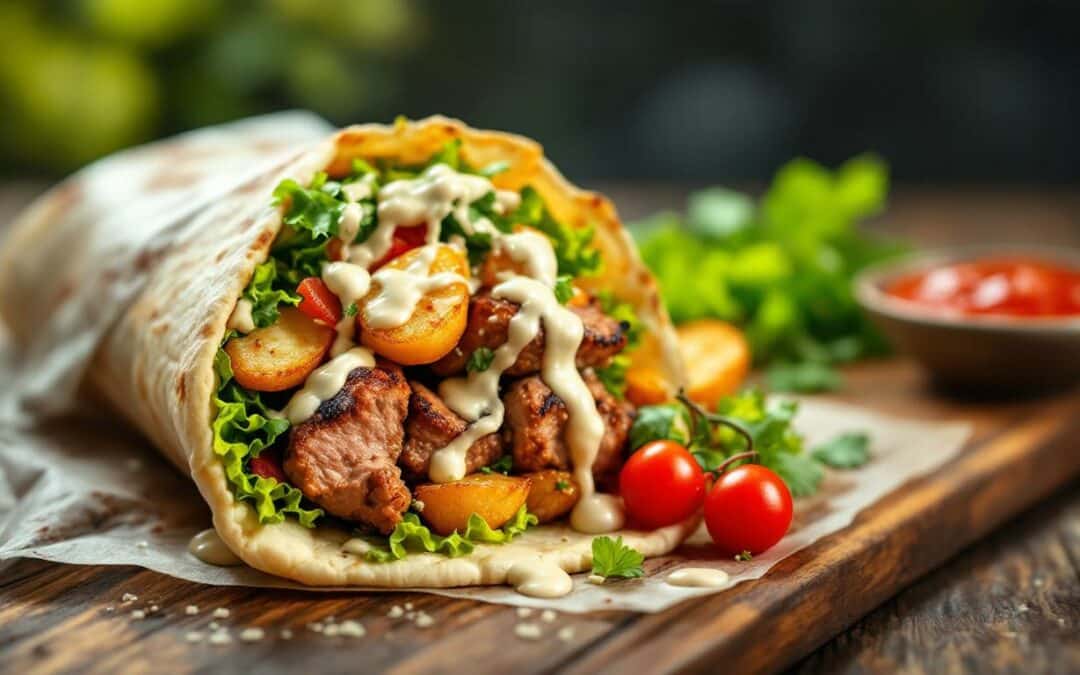 Les kebabs aux pommes de terre sautées et sauce à l’ail