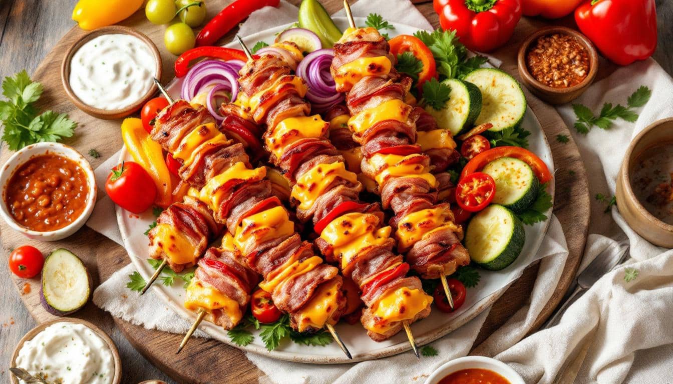 découvrez nos savoureux kebabs garnis de bacon croustillant et de cheddar fondu, une explosion de saveurs fondantes et gourmandes à chaque bouchée !