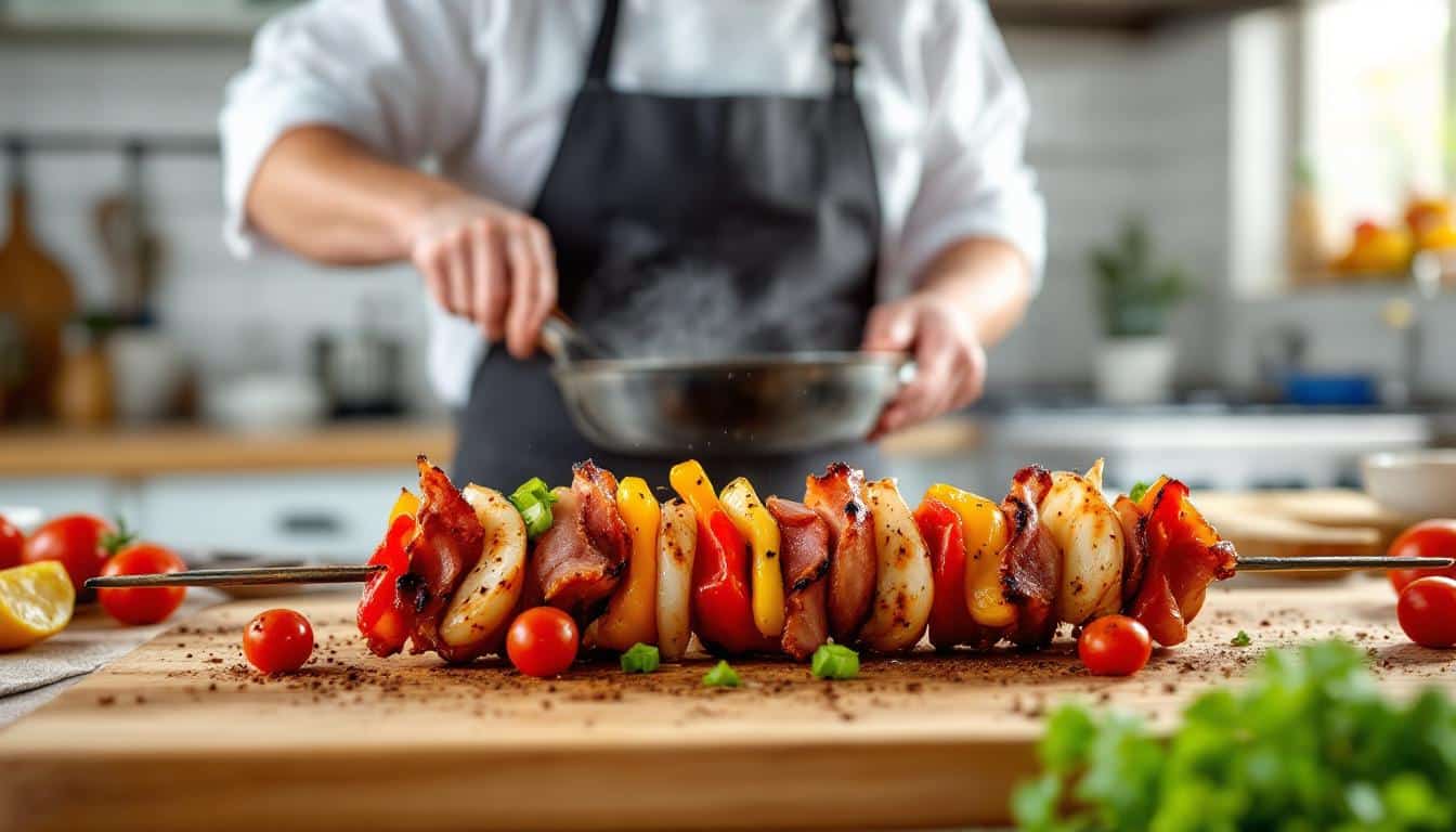 découvrez nos kebabs savoureux au bacon grillé accompagnés d'une sauce aigre-douce irrésistible, pour une explosion de saveurs unique à chaque bouchée.