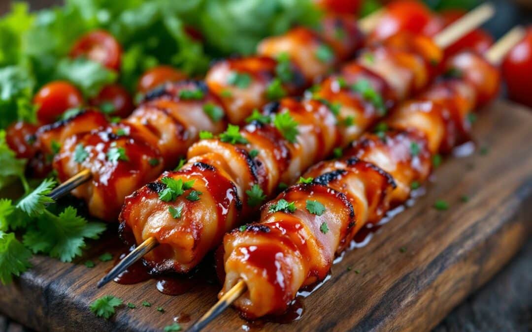 Les kebabs au bacon grillé et sauce aigre-douce