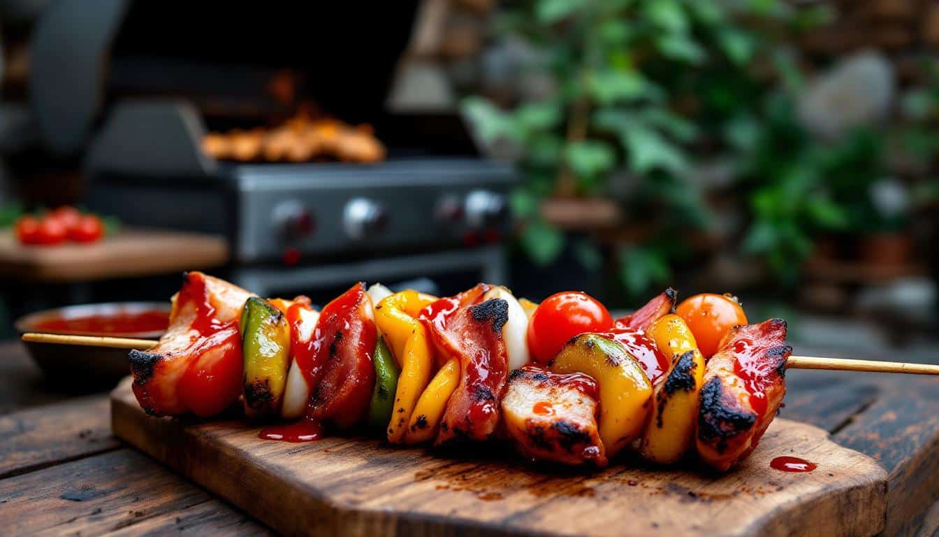 découvrez nos kebabs gourmands au bacon grillé accompagnés d'une sauce aigre-douce maison, pour une explosion de saveurs unique et délicieuse.