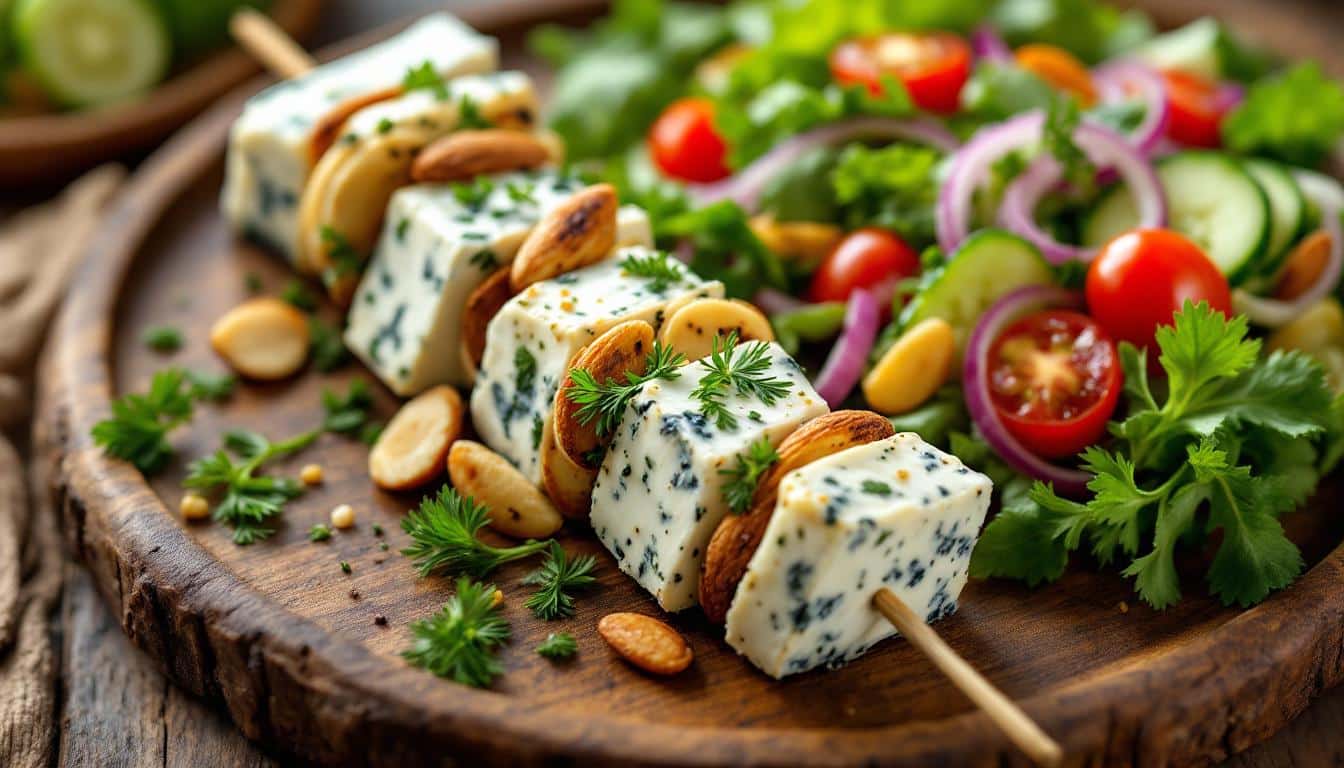 découvrez nos savoureux kebabs au fromage bleu crémeux et aux noix grillées croquantes, une délicieuse alliance de saveurs authentiques et gourmandes.
