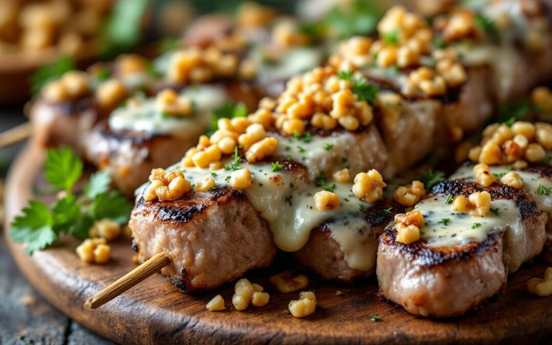 Les kebabs au fromage bleu et noix grillées
