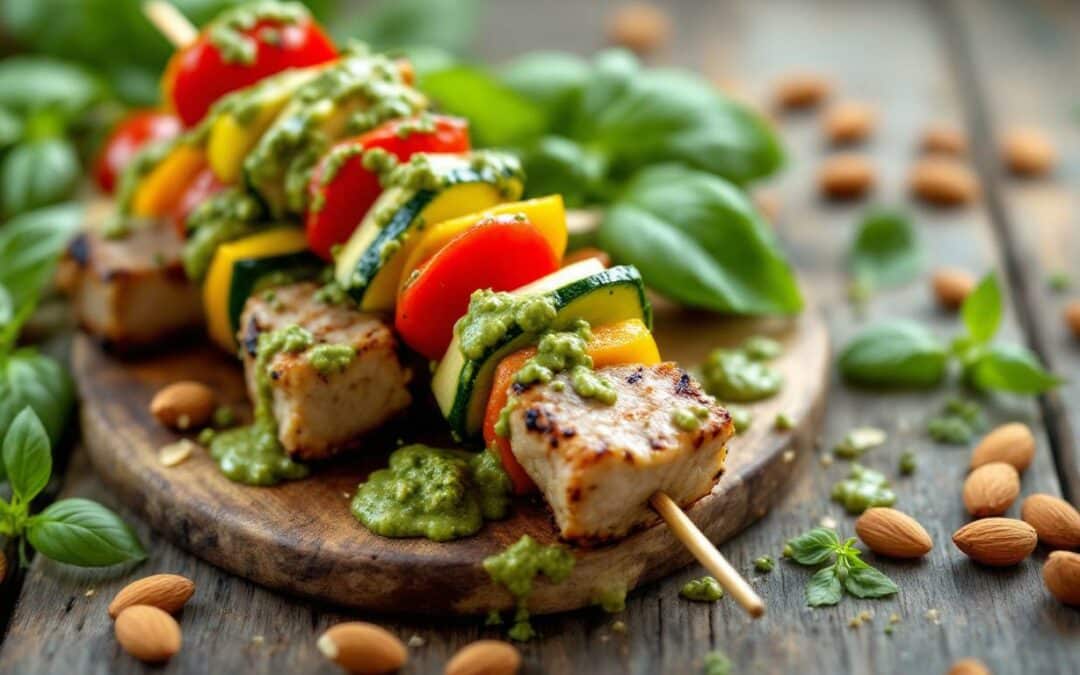 Les kebabs au pesto d’amandes et légumes frais