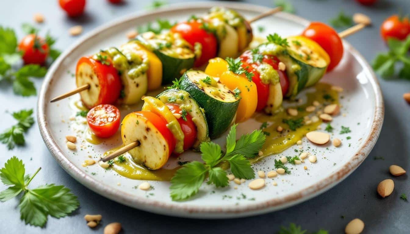 découvrez nos kebabs savoureux au pesto d’amandes et légumes frais, une recette gourmande et saine pour un repas plein de saveurs méditerranéennes.