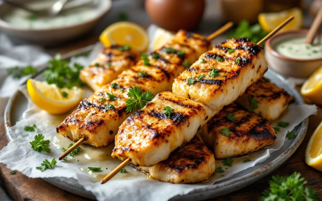 Les kebabs au poisson rôti et sauce citronnée