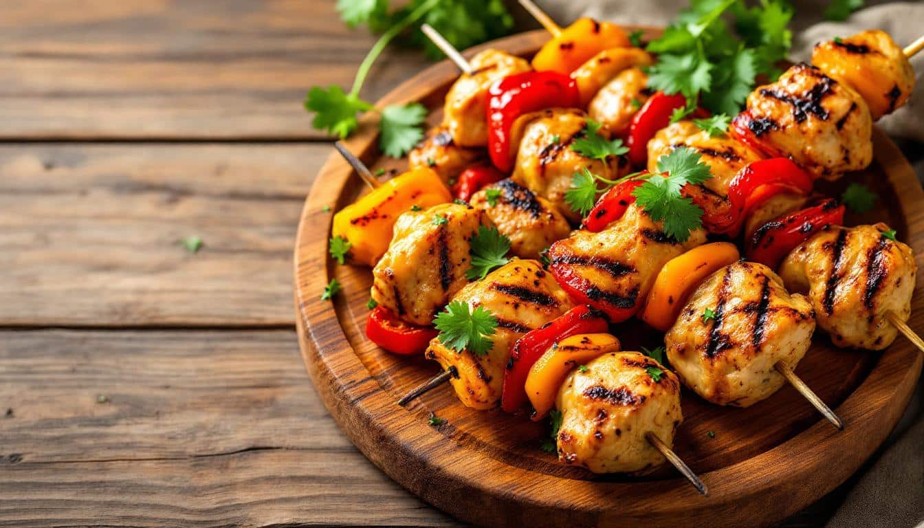 découvrez notre recette savoureuse de kebabs au poulet mariné accompagnés de poivrons rôtis, pour un repas gourmand et coloré qui ravira vos papilles.