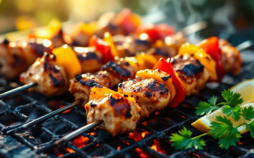 Les kebabs au poulet mariné et poivrons rôtis