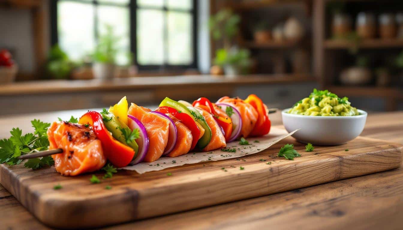 découvrez notre recette originale de kebabs au saumon fumé accompagnés d'un guacamole maison frais et savoureux, idéale pour un repas gourmand et équilibré.