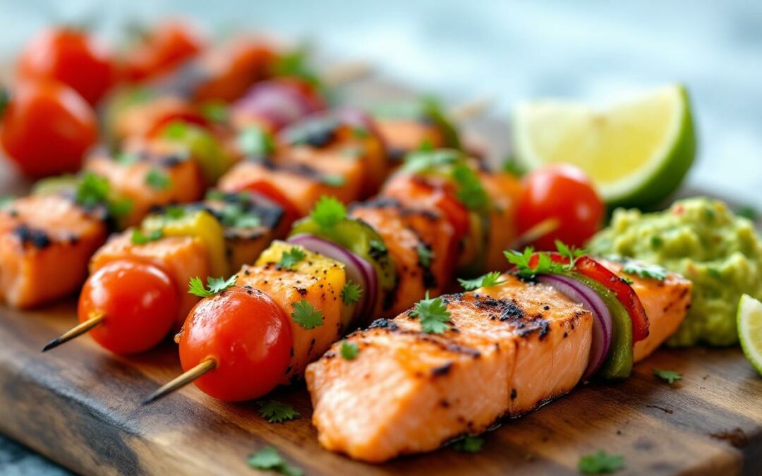 Les kebabs au saumon fumé et guacamole maison