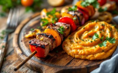 Les kebabs au steak végétal et purée de légumes