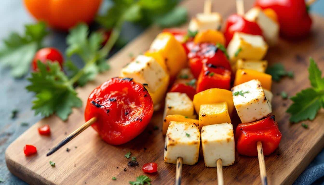 découvrez nos kebabs savoureux au tofu grillé accompagnés de légumes frais pour une option saine et délicieuse.