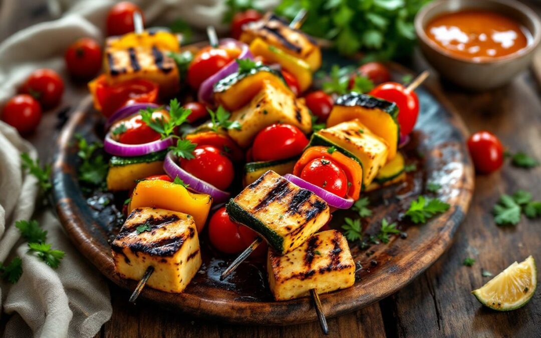 Les kebabs au tofu grillé et légumes frais