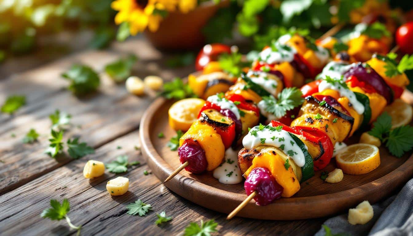 découvrez une recette savoureuse de kebabs aux légumes rôtis accompagnés d'une sauce au yaourt fraîche et légère, idéale pour un repas sain et gourmand.