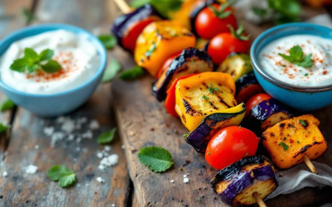 Les kebabs aux légumes rôtis et sauce au yaourt