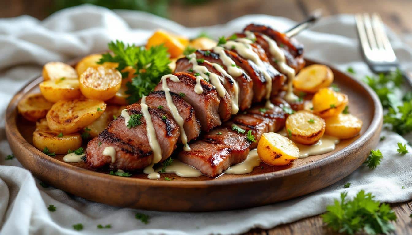 découvrez nos kebabs savoureux aux pommes de terre rissolées et aux épices fumées, une explosion de saveurs uniques qui éveillera vos papilles.