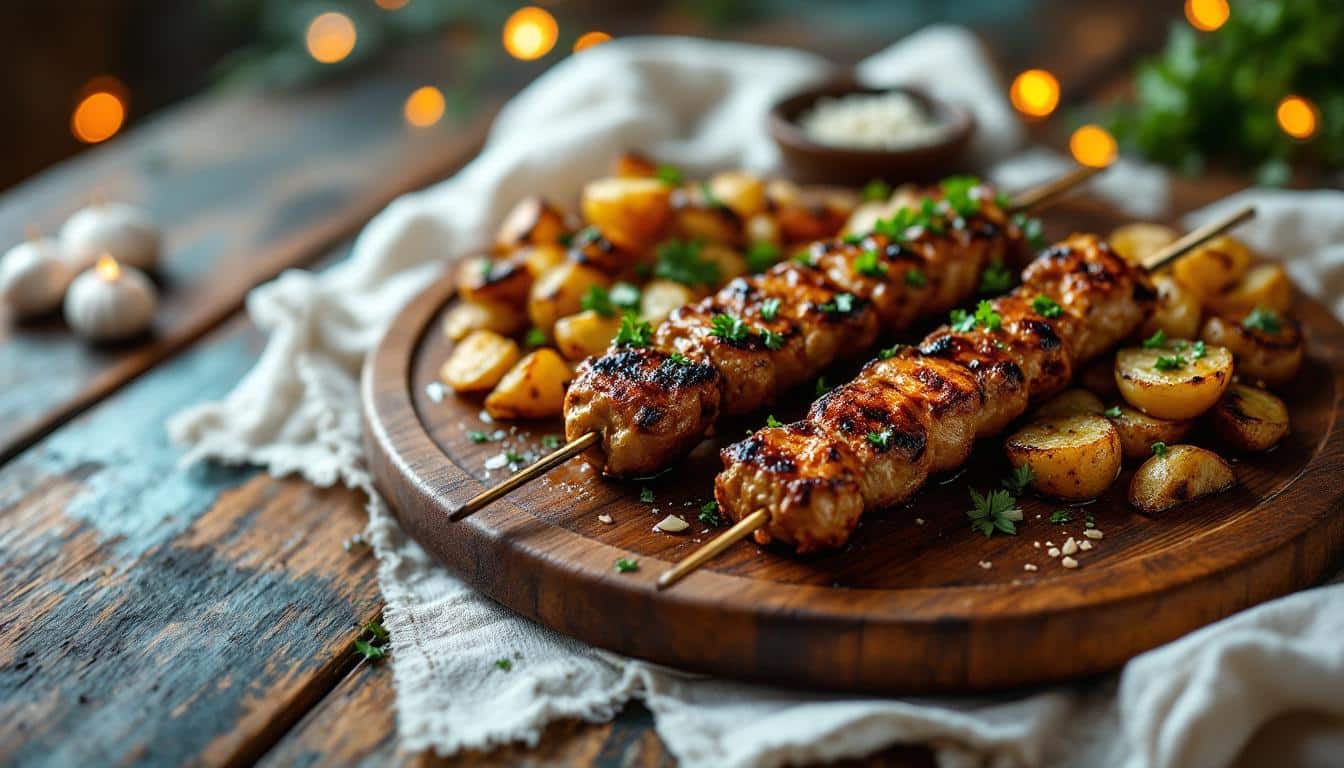 découvrez notre recette gourmande de kebabs accompagnés de pommes de terre sautées et d’ail rôti, pour un repas savoureux et convivial riche en saveurs méditerranéennes.