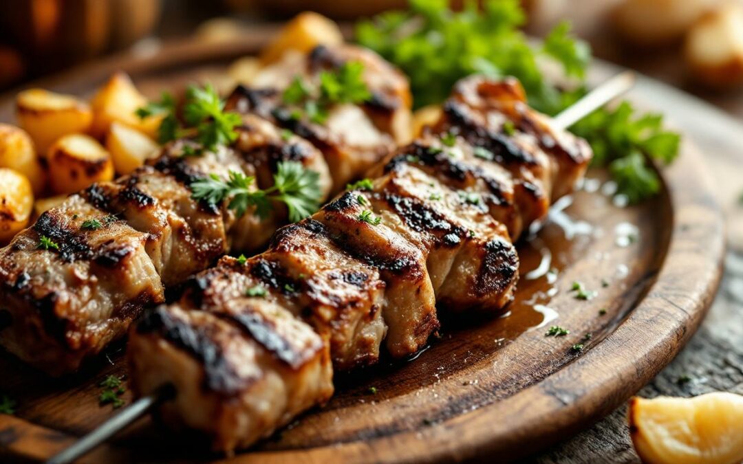 Les kebabs aux pommes de terre sautées et ail rôti